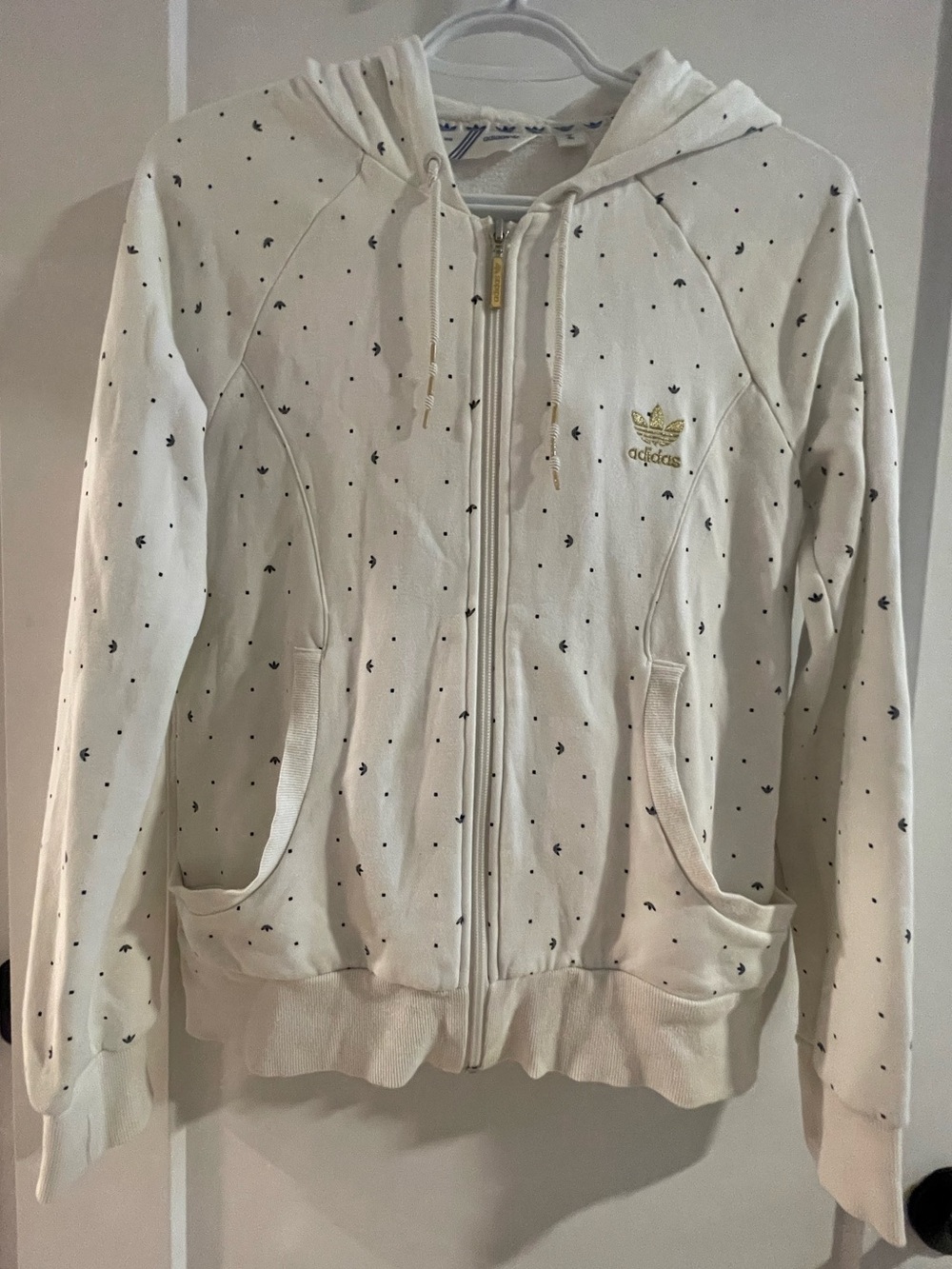 adidas white/Cream Hoodie with Tiny Black Print